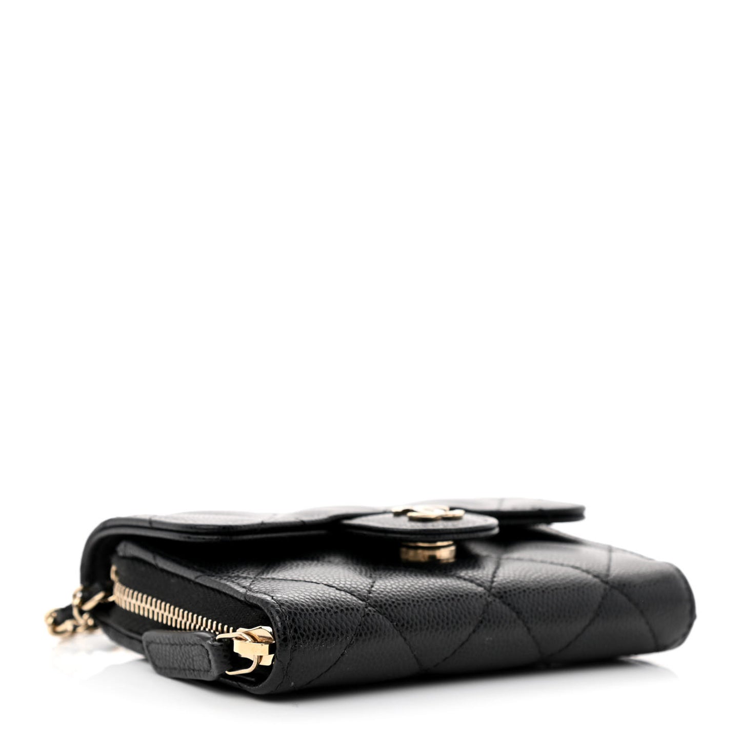 Caviar Quilted Flap Zip Card Holder On Chain Black