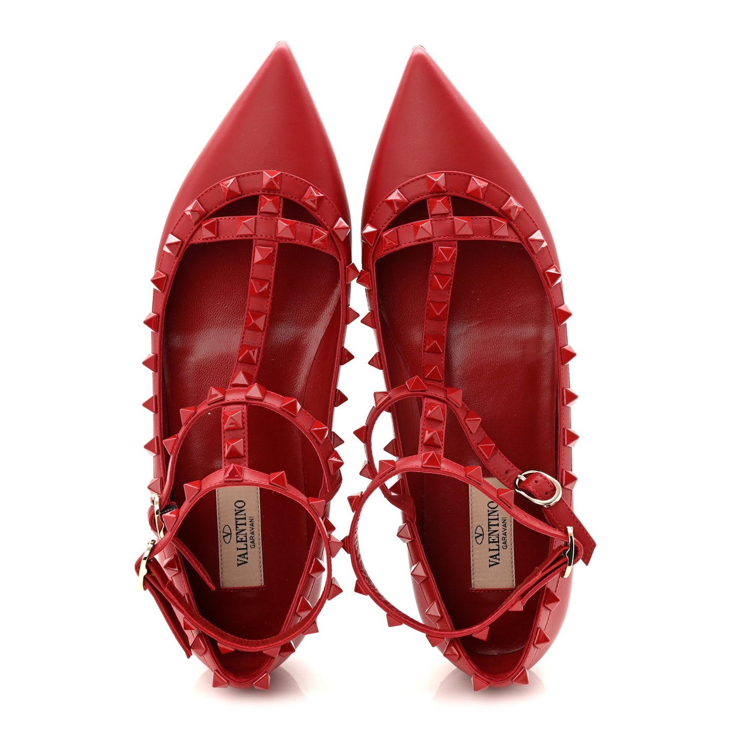 Calfskin Monochrome Rockstud Cage Ballerina Flats 38 Rosso Valentino