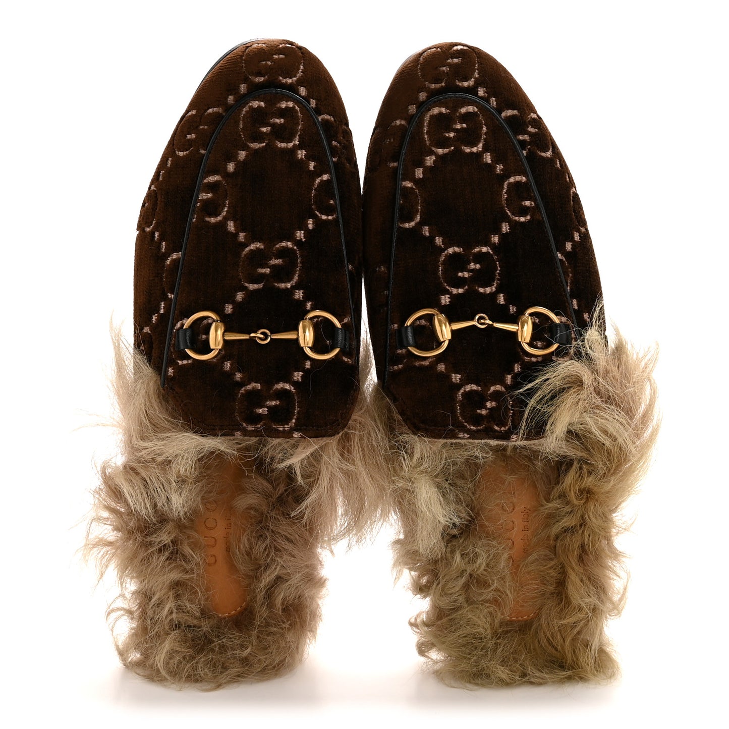 Velvet GG Monogram Fur Womens Princetown Slippers 36.5 Brown Black Natural