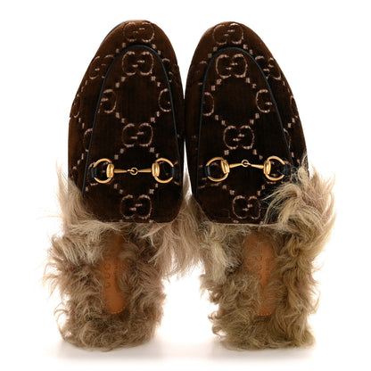 Gucci Velvet GG Monogram Fur Womens Princetown Slippers 36.5 Brown Black Natural 2 of 8