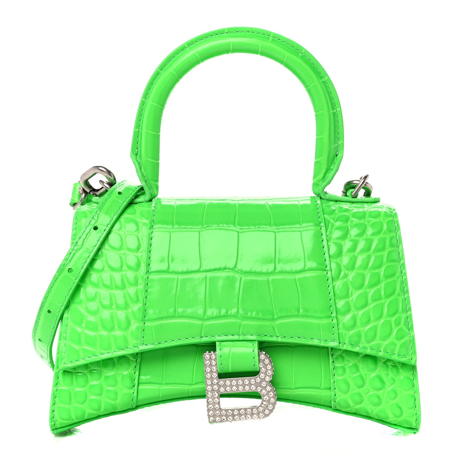 Balenciaga Shiny Calfskin Strass Crocodile Embossed Hourglass Top Handle Bag XS Fluo Green 1 of 10