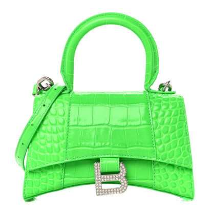 Balenciaga Shiny Calfskin Strass Crocodile Embossed Hourglass Top Handle Bag XS Fluo Green 1 of 10