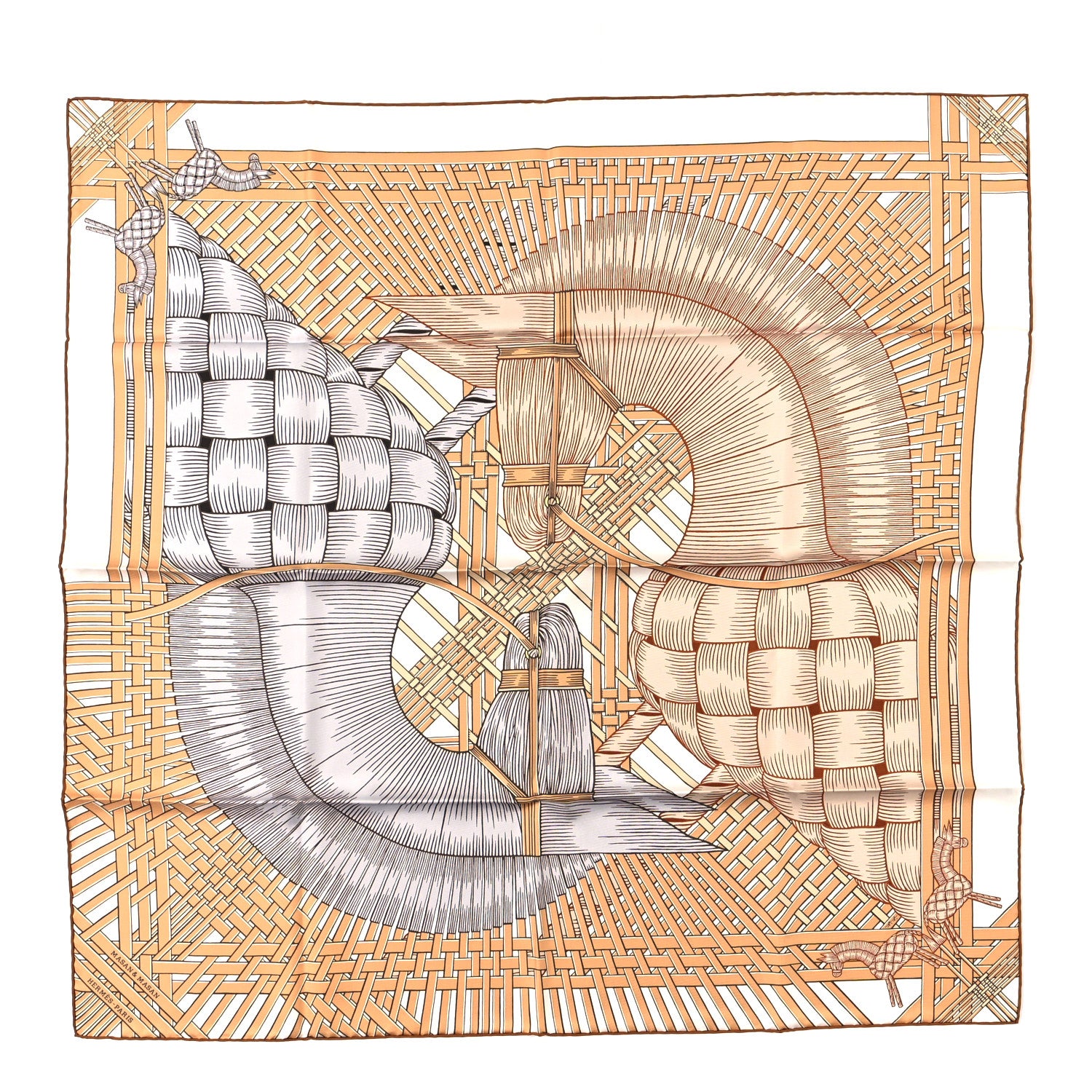 Hermes Silk Masan & Masan Scarf 90 White Beige Gris 1 of 3