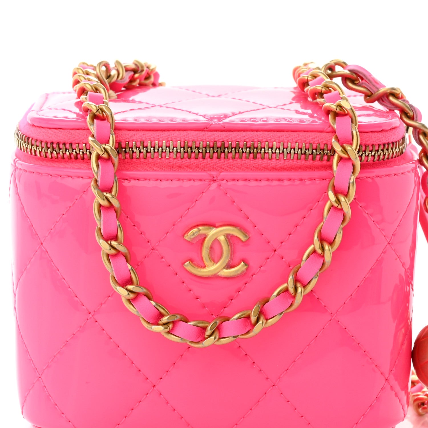Chanel Patent Quilted Pearl Crush Mini Vanity Case With Chain Neon Pink 9 of 12