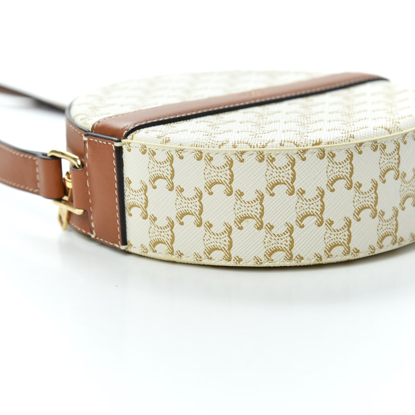 Lambskin Triomphe Canvas Round Purse On Strap White Tan