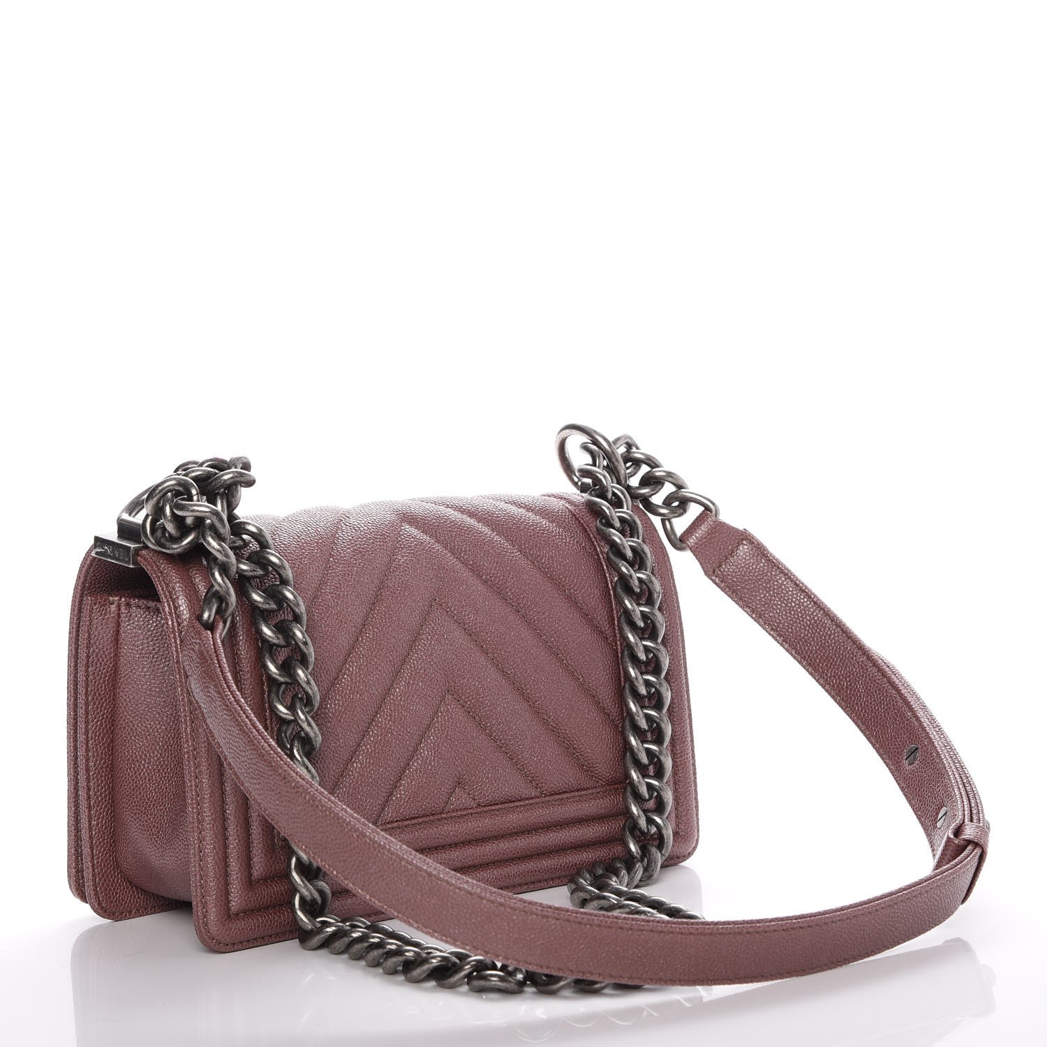 Chanel Metallic Caviar Chevron Quilted Small Boy Flap Dark Pink 3 of 7