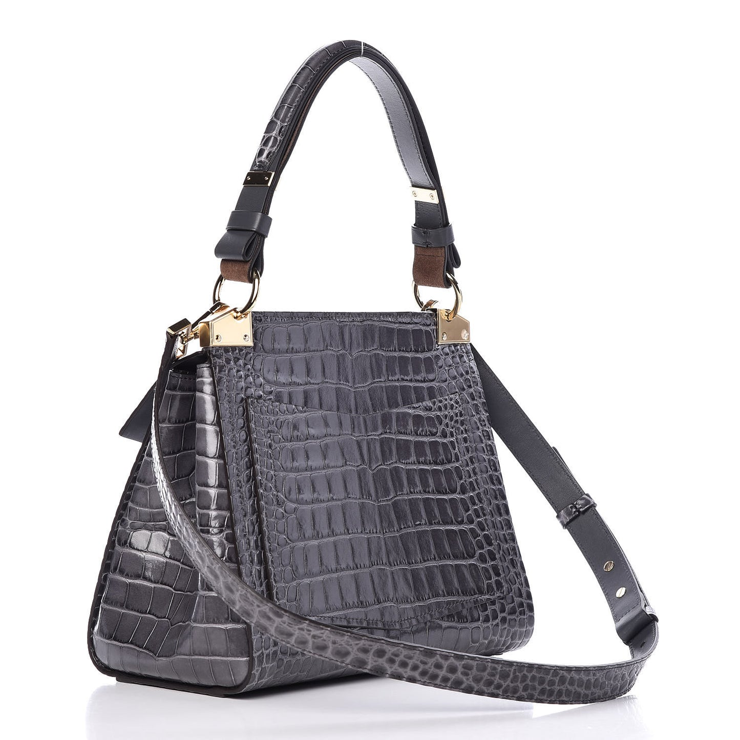 Calfskin Crocodile Embossed Small Mystic Shoulder Bag Storm Grey