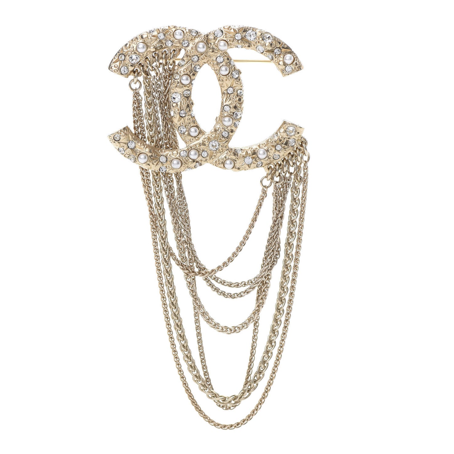 Crystal Pearl Multi Strand Chain CC Brooch Gold