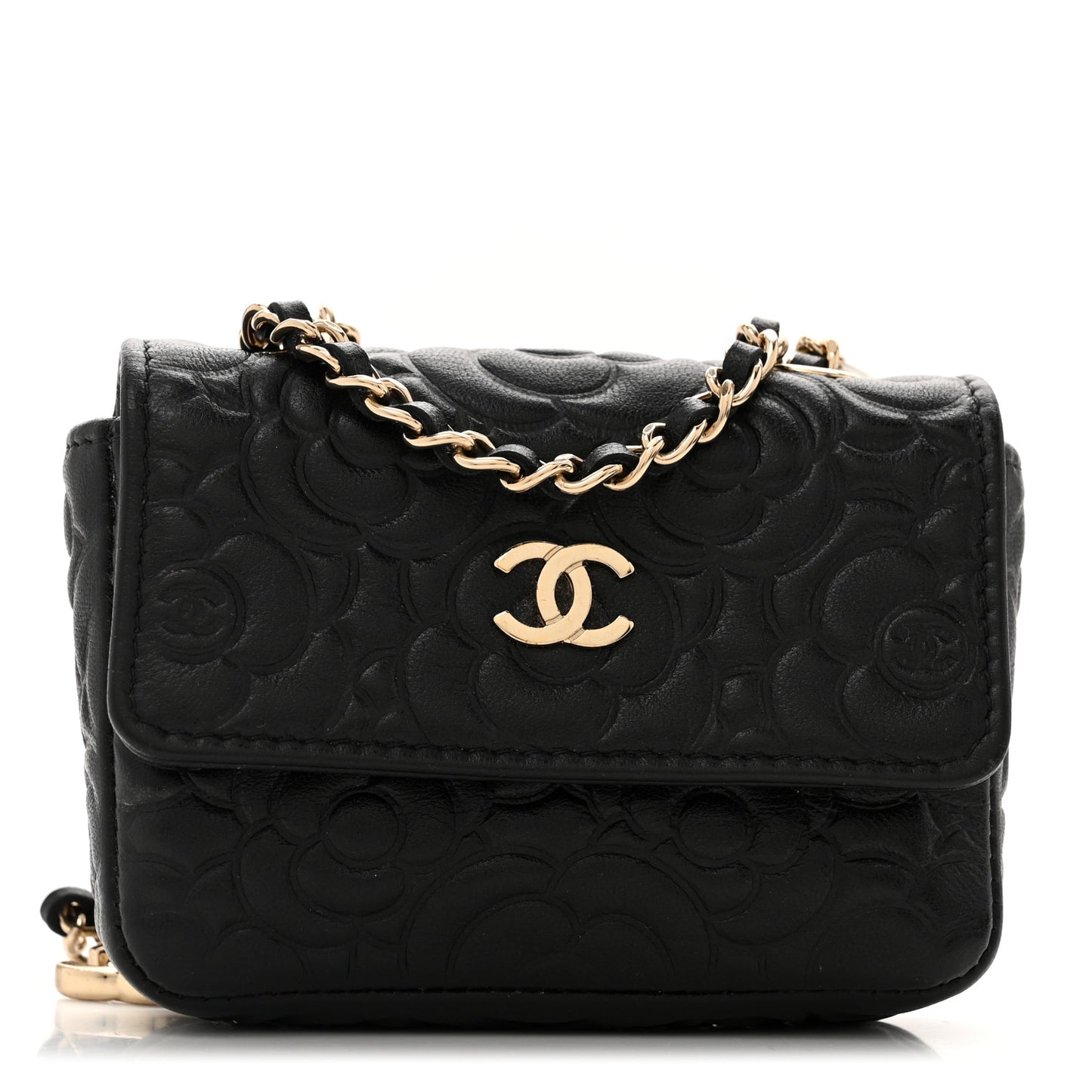 Lambskin Camellia Embossed Chain Belt Bag Black