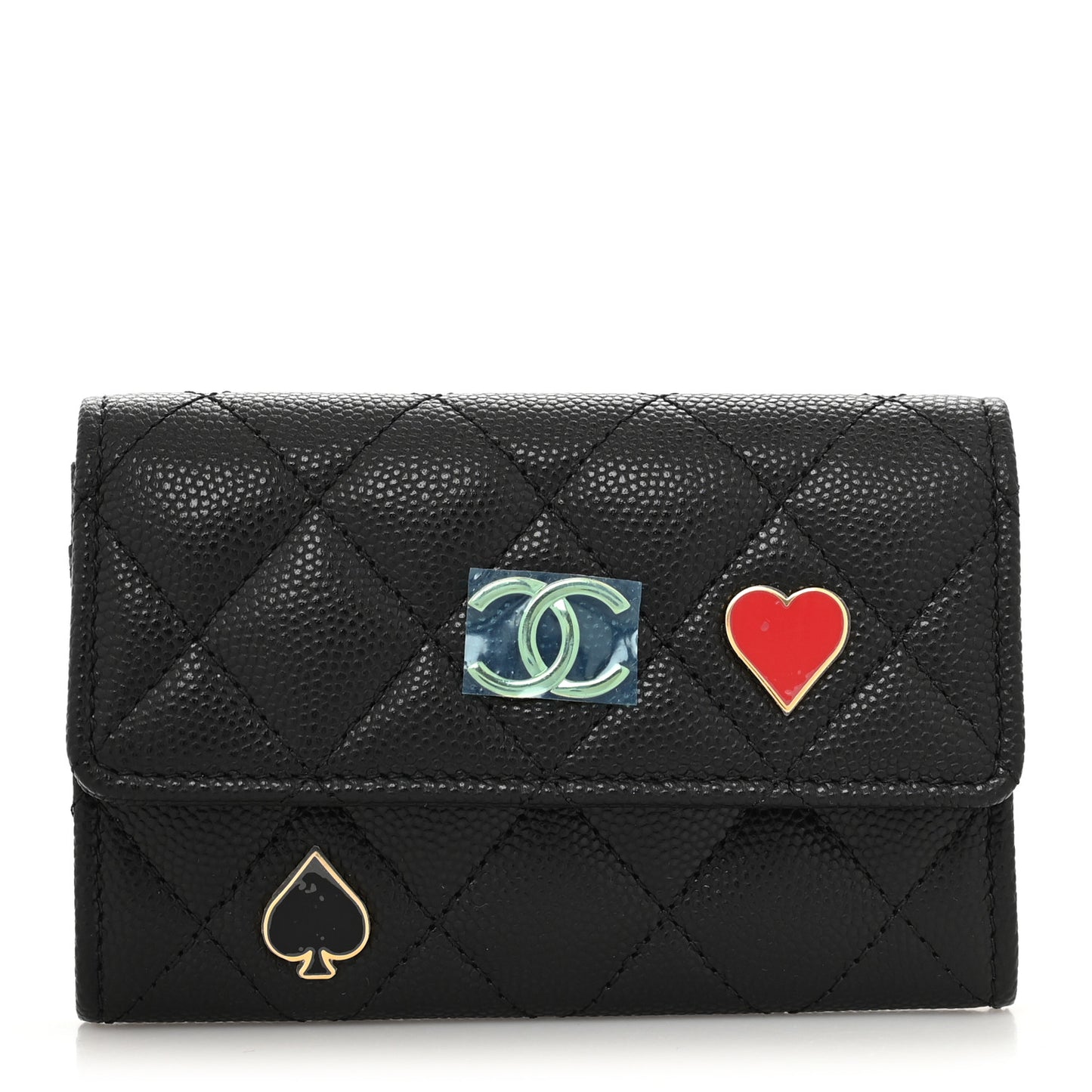 Caviar Quilted Enamel Coco Casino Flap Card Holder Wallet Black