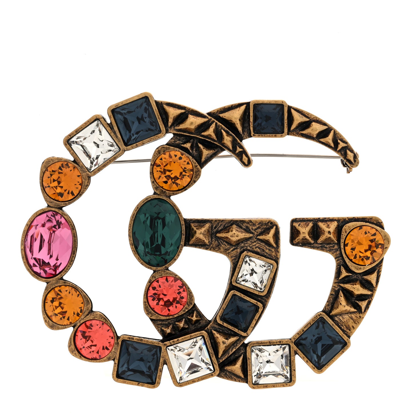 Metal Crystal Double G Brooch Aged Gold Multicolor