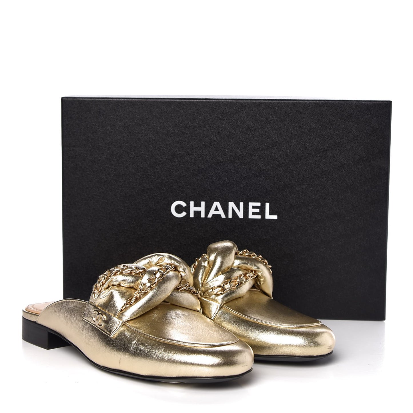 Metallic Lambskin Chain Braided Mules 37.5 Light Gold