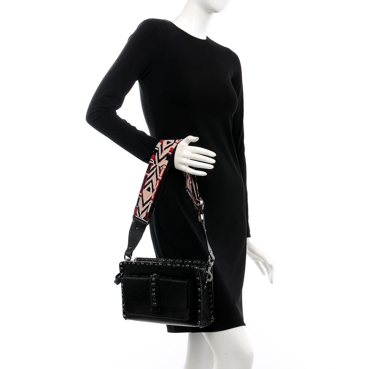 Craquele Calfskin Small Guitar Strap Rockstud Rolling Flap Pocket Shoulder Bag Black