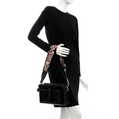 Valentino Garavani Craquele Calfskin Small Guitar Strap Rockstud Rolling Flap Pocket Shoulder Bag Black 2 of 7