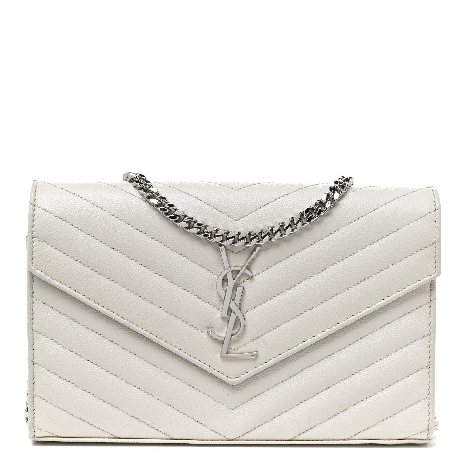 Saint Laurent Grain De Poudre Matelasse Chevron Monogram Chain Wallet Optical White 1 of 16