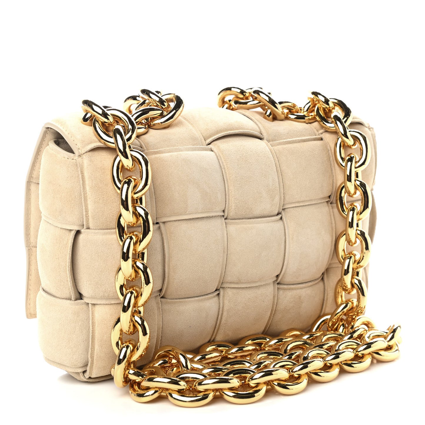 Suede Maxi Intrecciato Padded Chain Cassette Crossbody Bag Sand