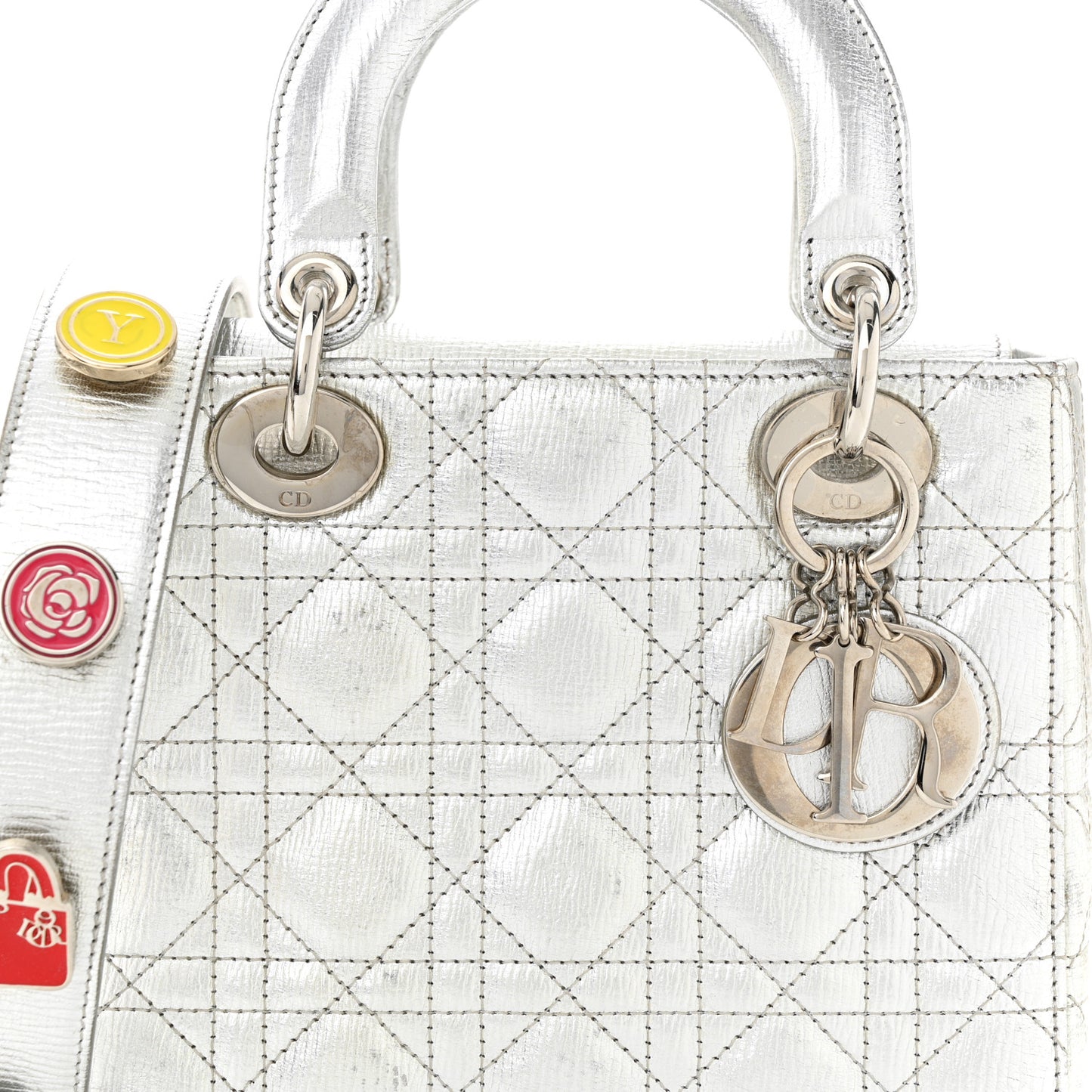 CHRISTIAN DIOR Metallic Grained Calfskin Cannage Small Lucky Badges My Lady Dior Silver