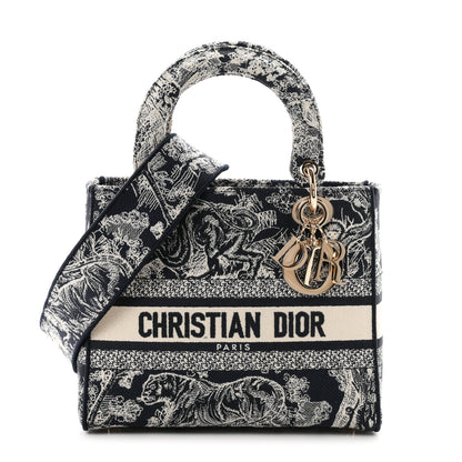 Christian Dior Canvas Toile De Jouy Reverse Embroidered Medium Lady D-Lite Navy 1 of 10