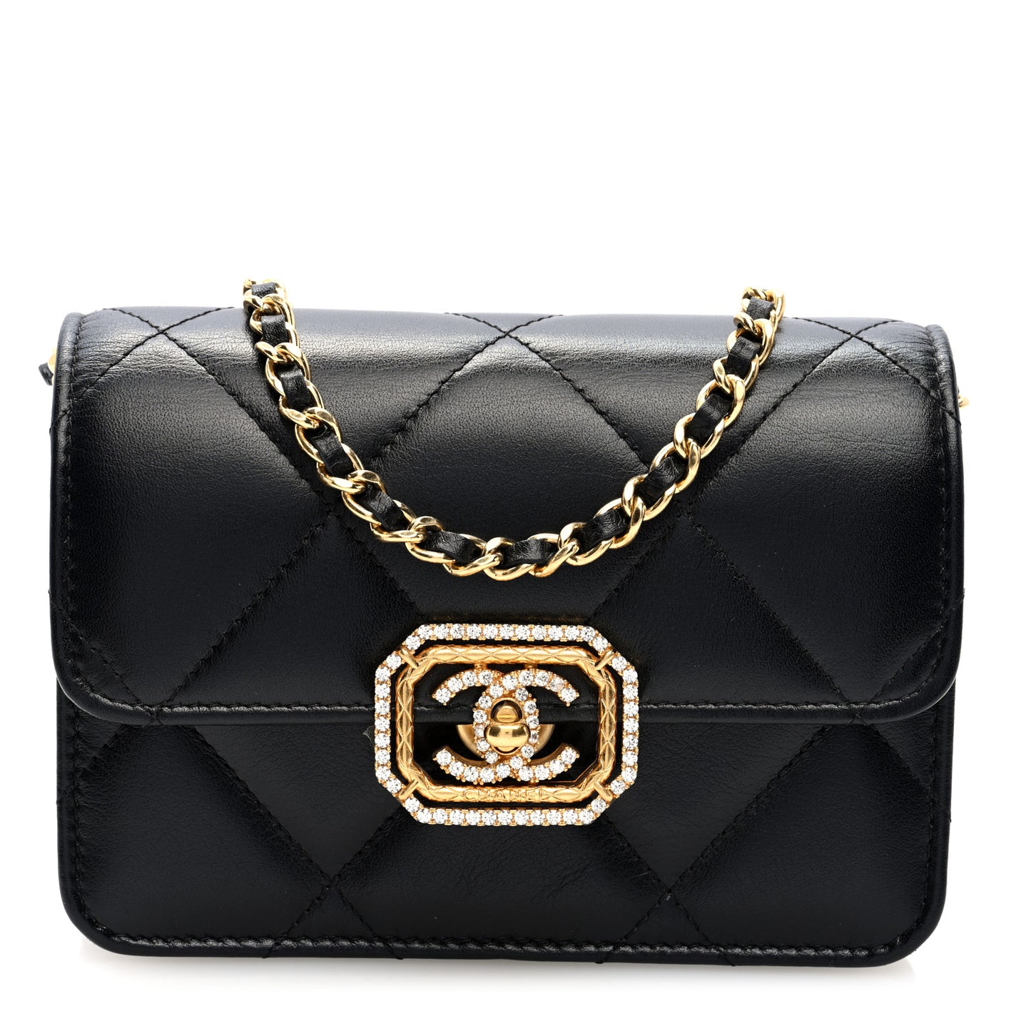 Calfskin Strass Quilted Clutch With Chain Flap Black