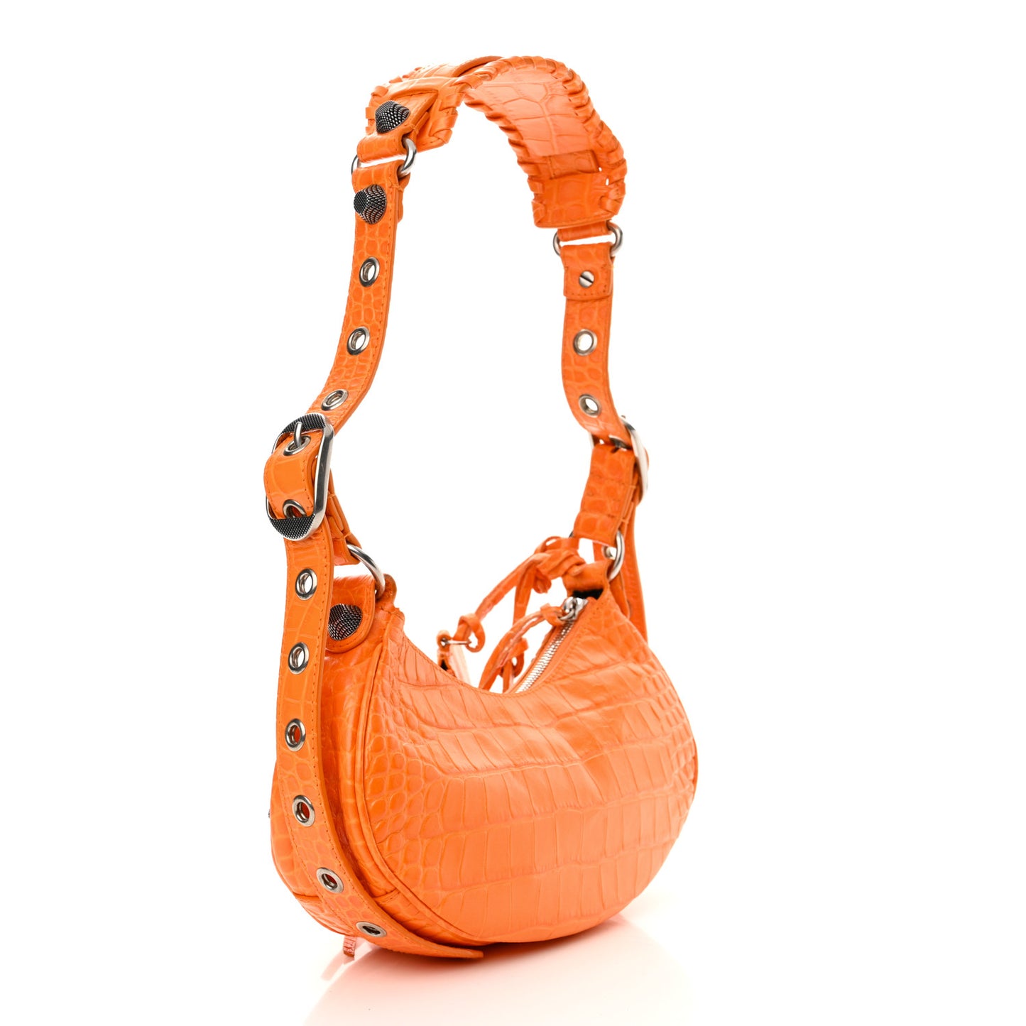 Extra Supple Calfskin Crocodile Embossed Le Cagole Shoulder Bag XS Pop Orange