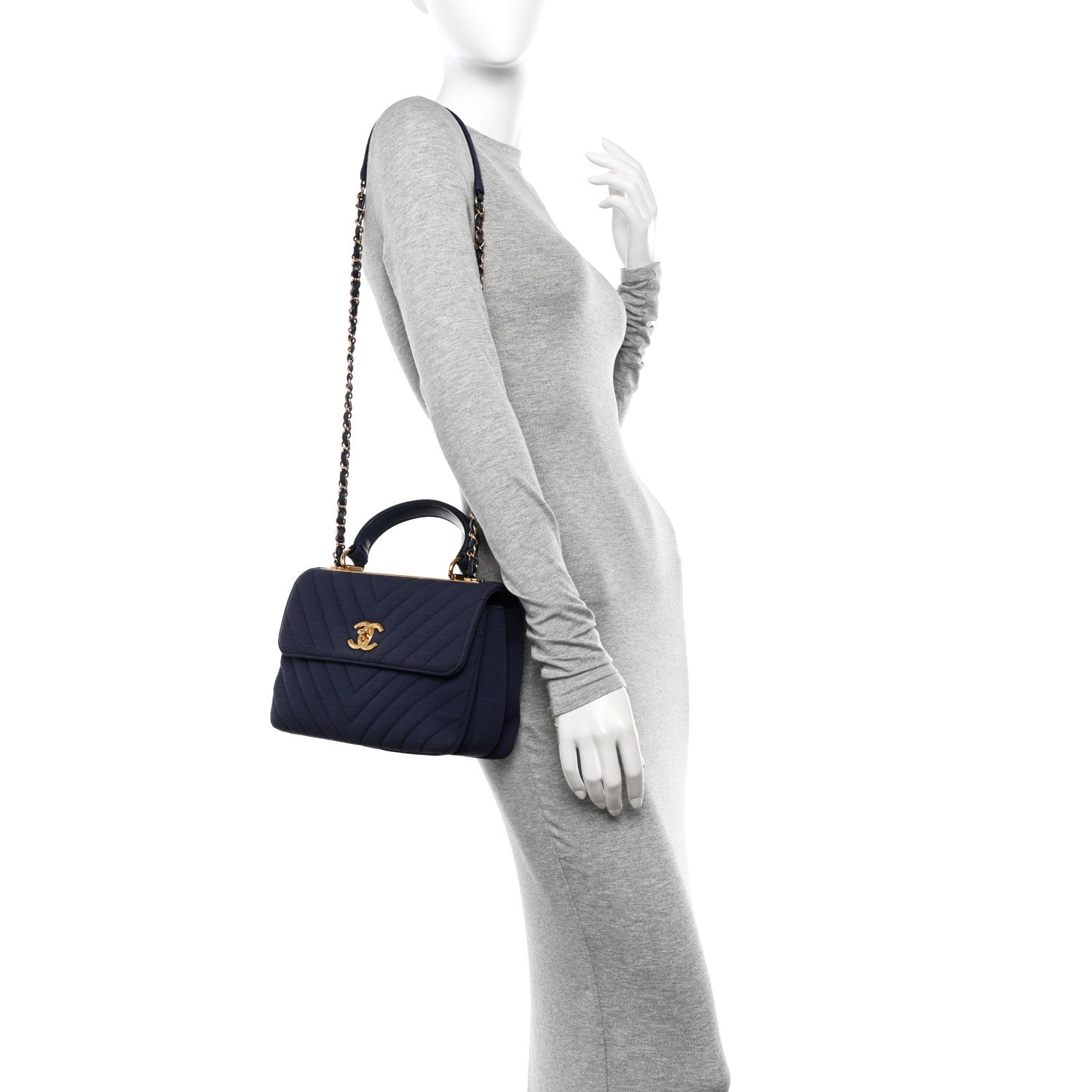 Chanel Jersey Chevron Quilted Small Trendy CC Dual Handle Flap Bag Navy Blue 2 of 16