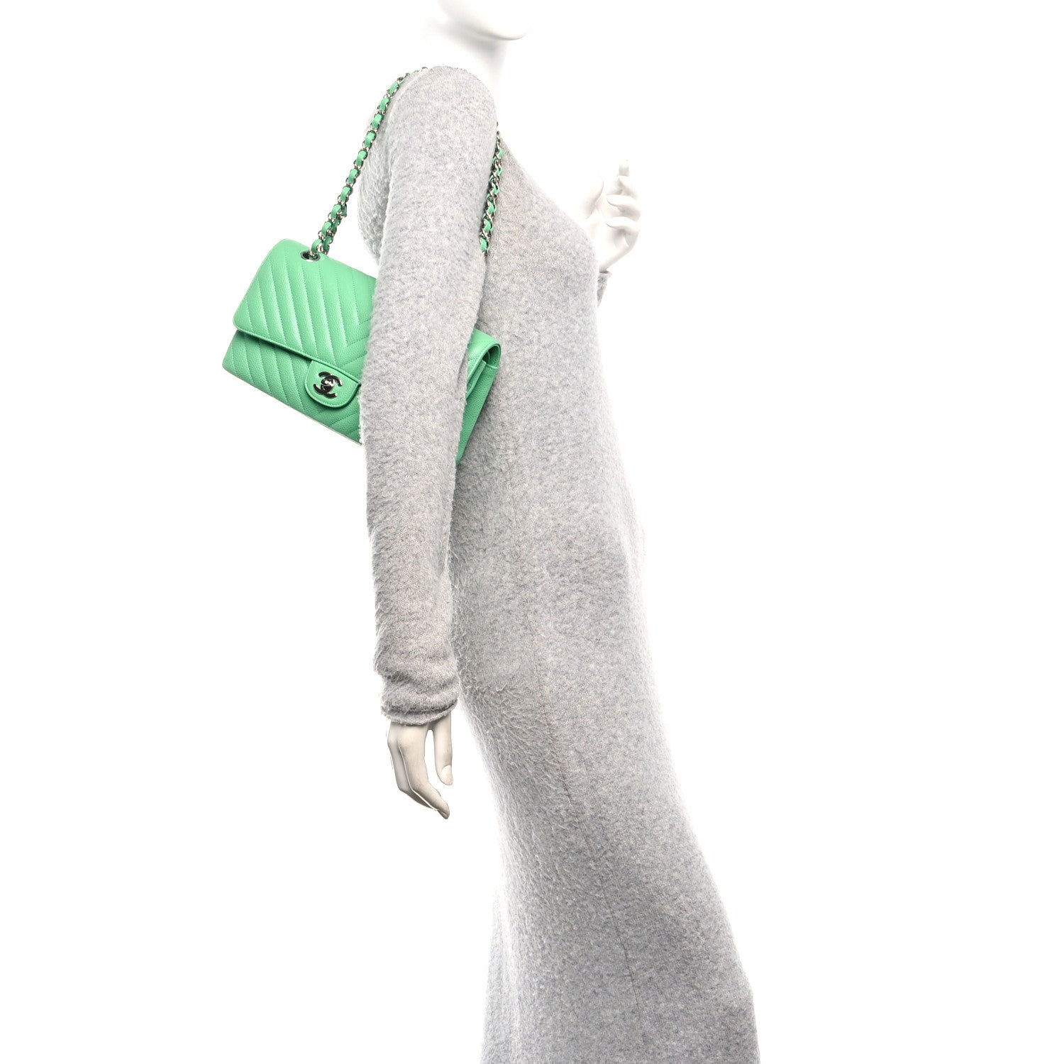 Chanel Caviar Chevron Quilted Medium Double Flap Green 2 of 11