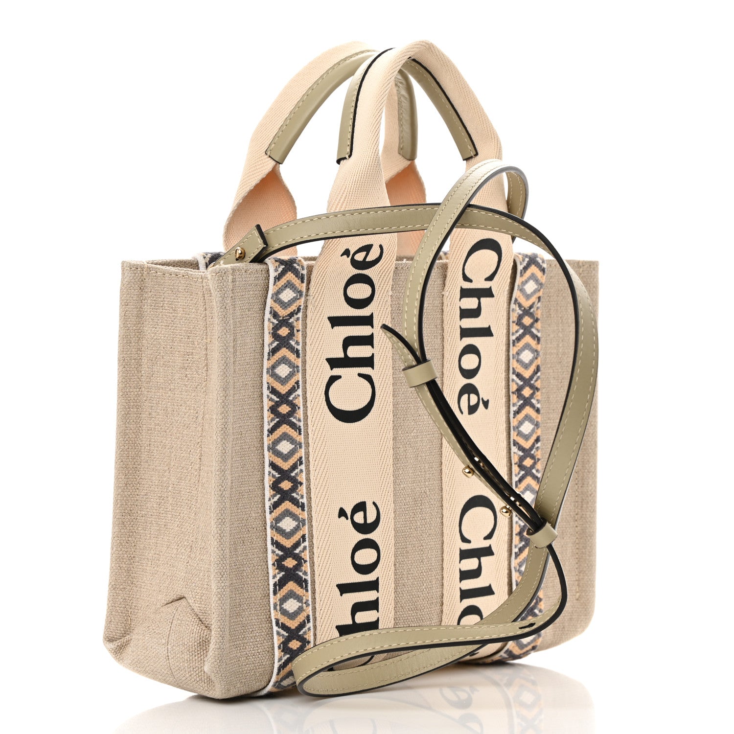 Chloe Cotton Calfskin Small Woody Ribbon Tote With Strap Slate Green 3 of 13