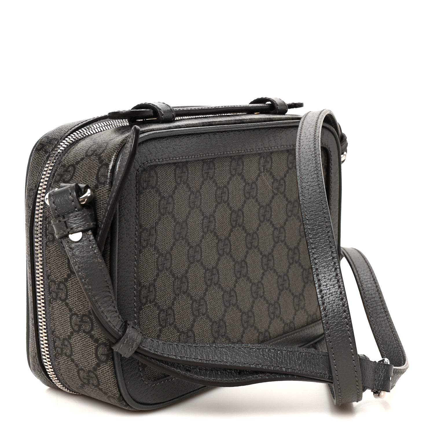 Gucci GG Supreme Monogram Textured Dollar Calfskin Small Ophidia Top Handle Shoulder Bag  Grey Black Graphite Grey 3 of 11