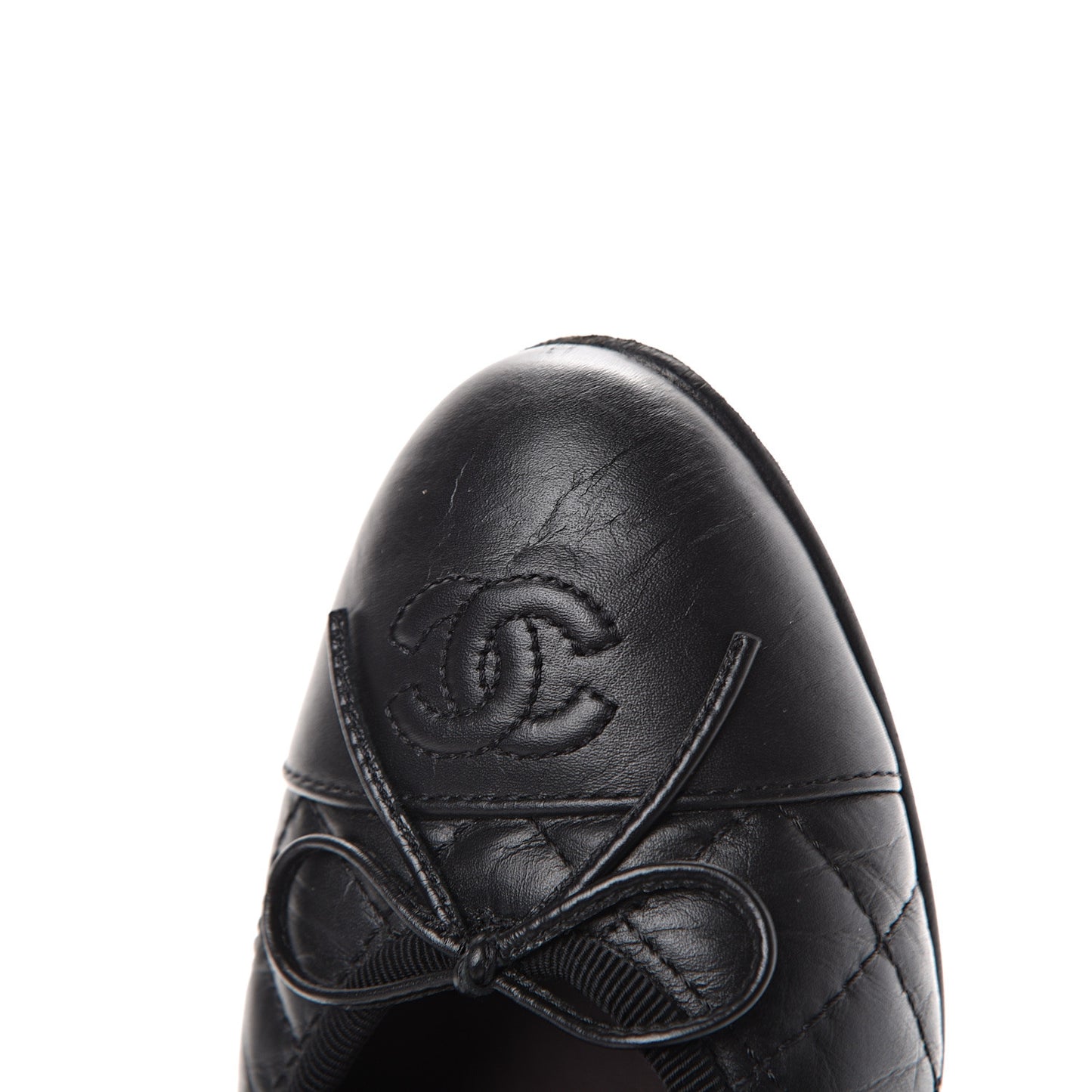 Aged Calfskin Quilted Cap Toe Ballerina Flats 37.5 Black