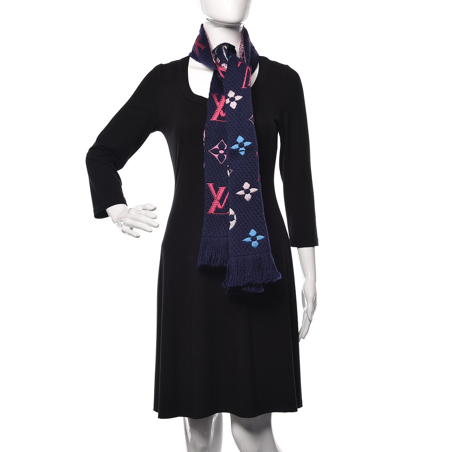 Wool Silk Rainbow Logomania Scarf Navy