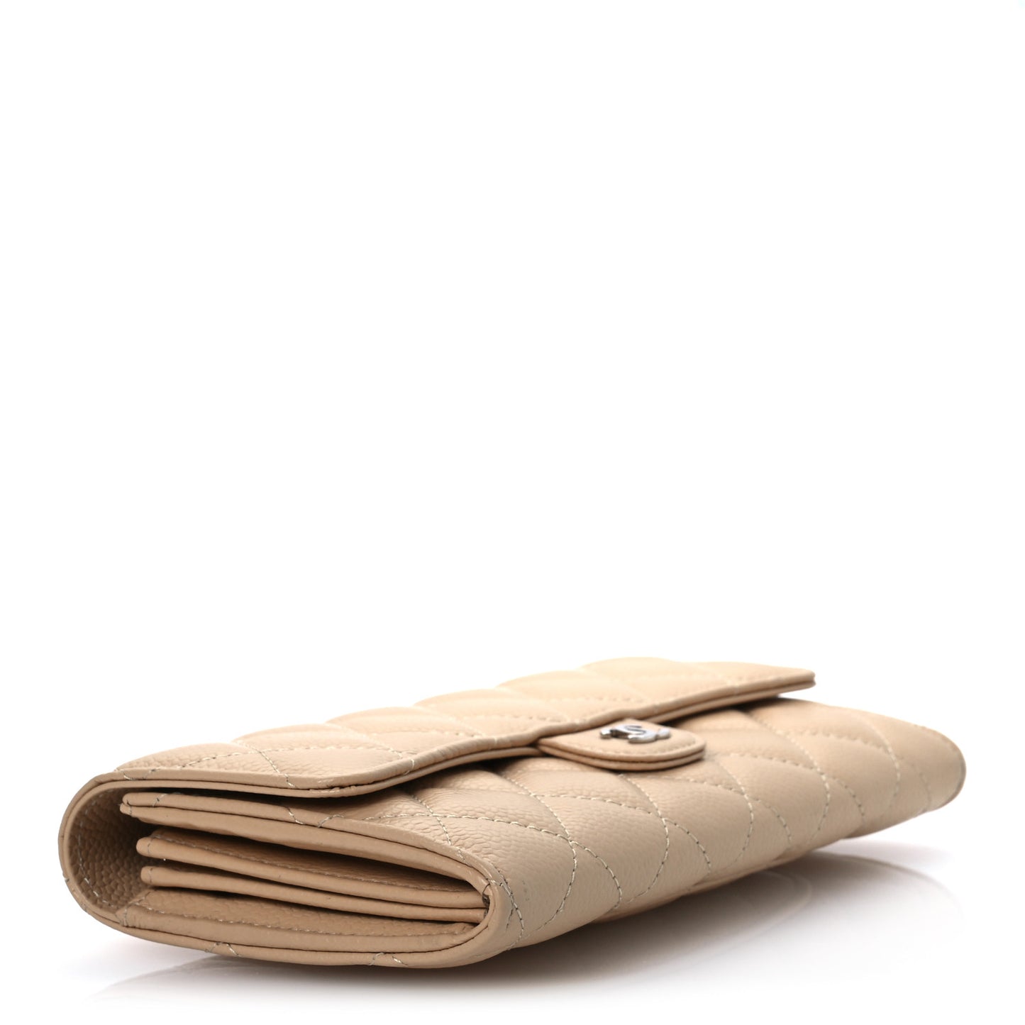 Caviar Quilted Large Gusset Flap Wallet Beige