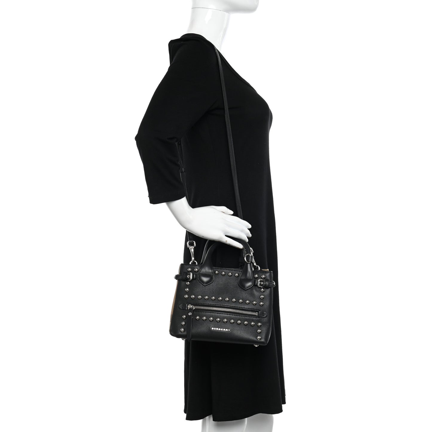 Pebbled Calfskin House Check Studded Baby Banner Tote Black