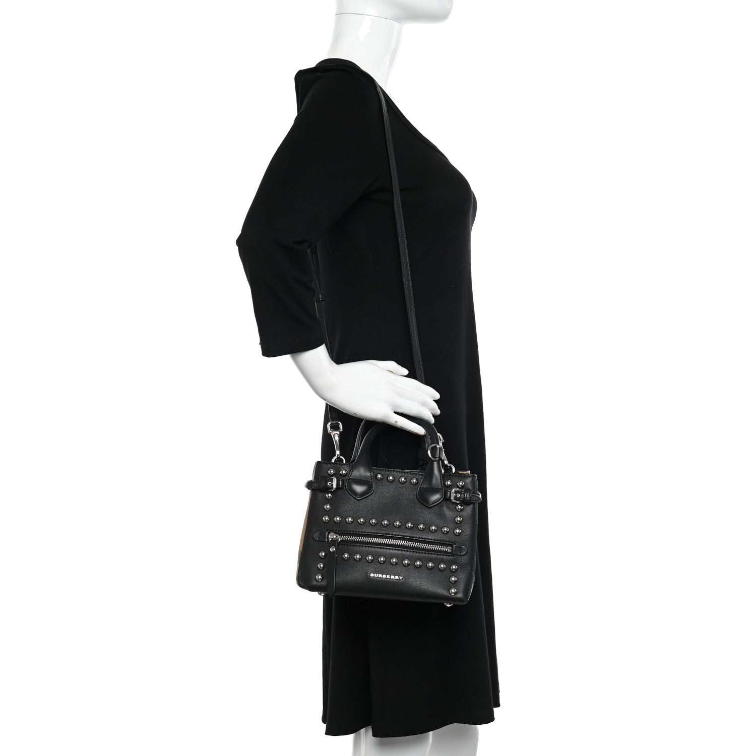 Burberry Pebbled Calfskin House Check Studded Baby Banner Tote Black 2 of 15