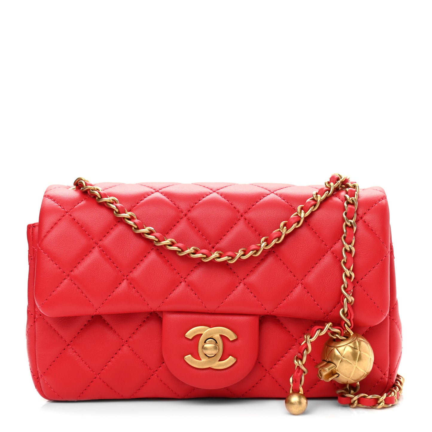 Lambskin Quilted Mini Rectangular Pearl Crush Flap Red