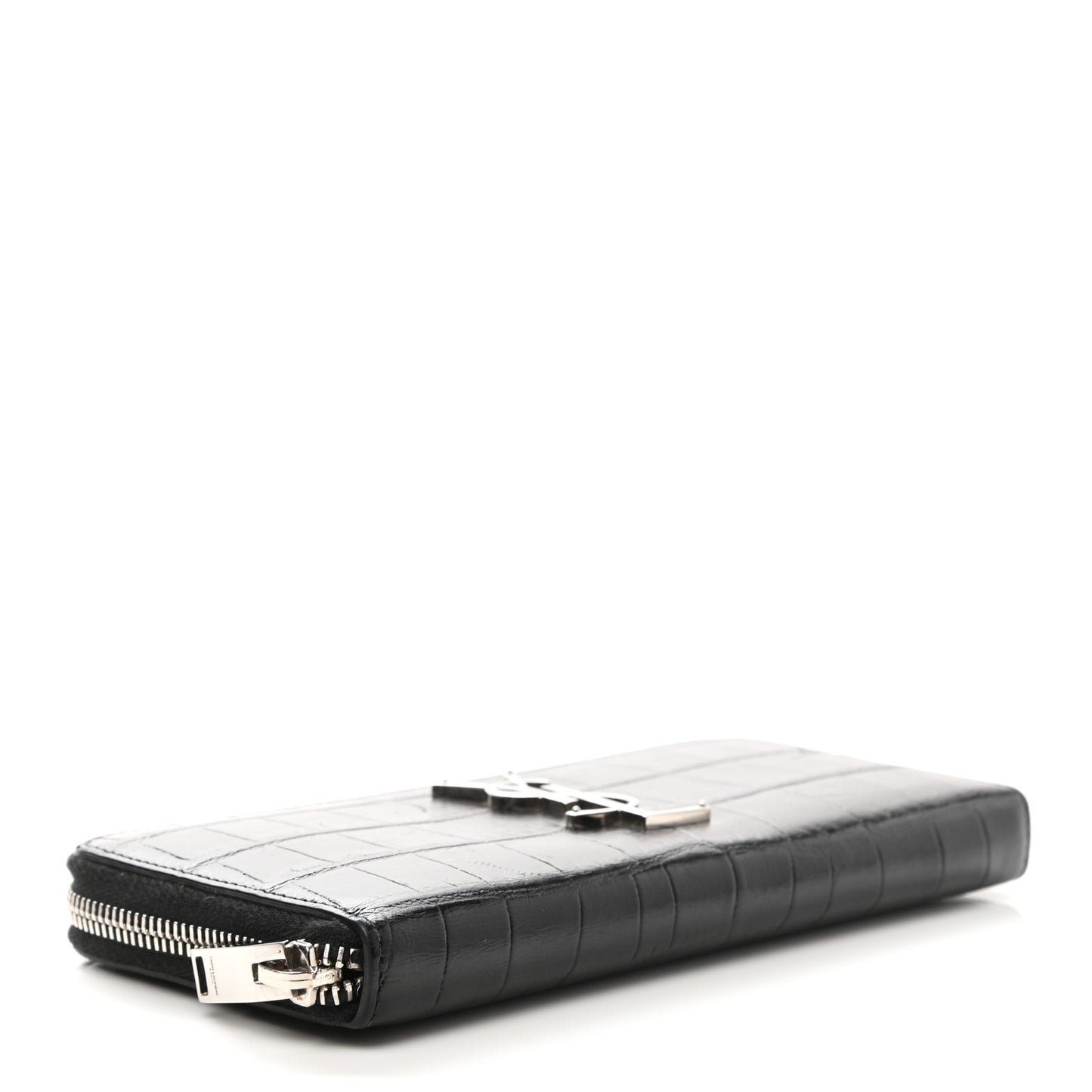 Calfskin Crocodile Embossed Monogram Zip Around Wallet Black