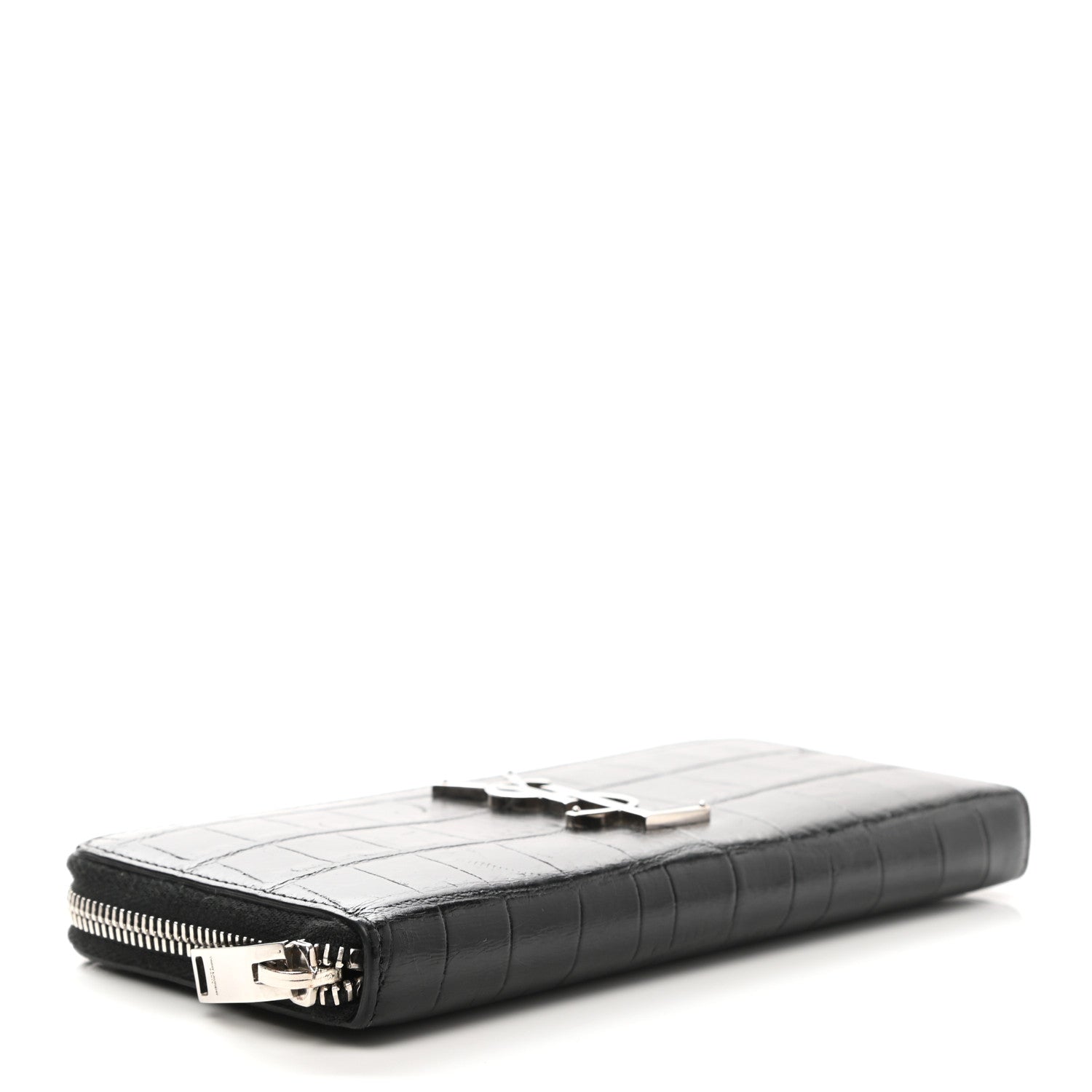 Saint Laurent Calfskin Crocodile Embossed Monogram Zip Around Wallet Black 4 of 6