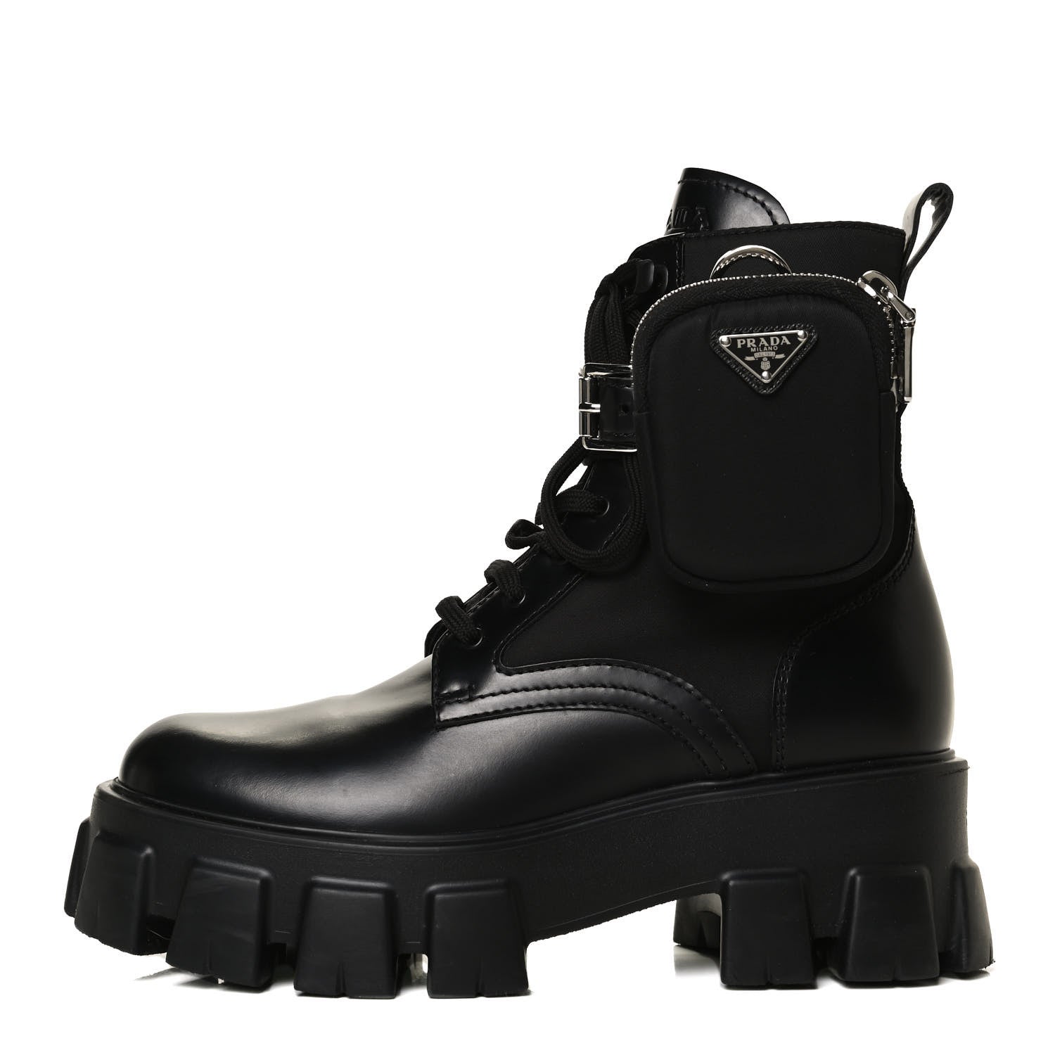 Prada Spazzolato Rois Nylon Metal Triangle Logo Monolith Pouch Pocket 55mm Boots 38 Black 1 of 7