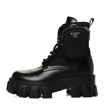 Prada Spazzolato Rois Nylon Metal Triangle Logo Monolith Pouch Pocket 55mm Boots 38 Black 1 of 7
