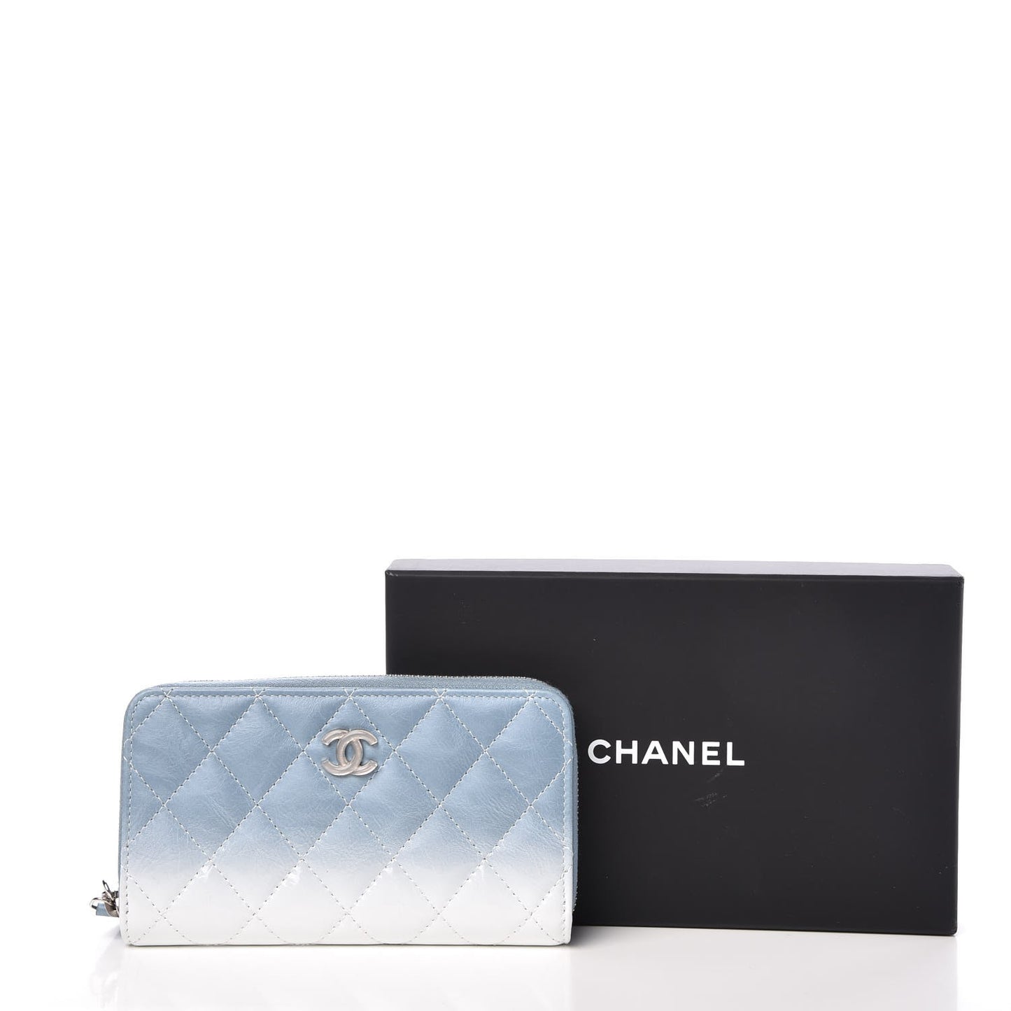 Faded Patent Calfskin Quilted Small Zip Around Wallet Blue