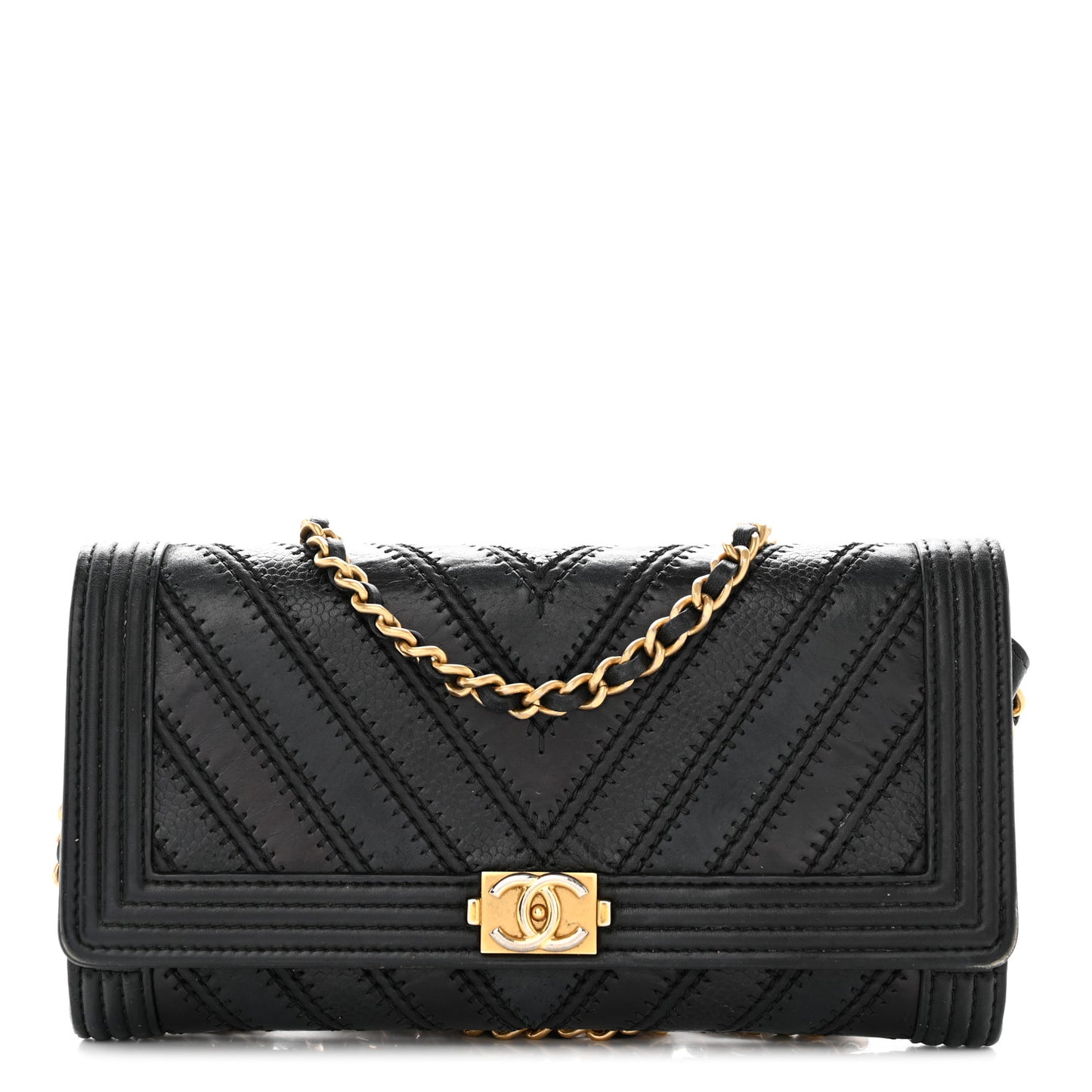 Calfskin Caviar Quilted Chevron Mixed Boy Wallet On Removable Chain Black