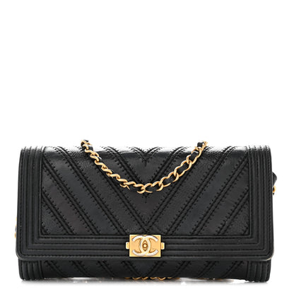 Chanel Calfskin Caviar Quilted Chevron Mixed Boy Wallet On Removable Chain Black 1 of 17