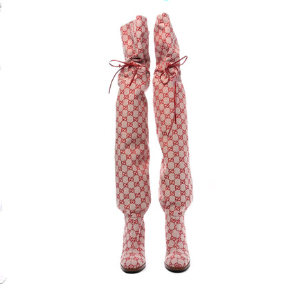 Gucci Monogram Over The Knee Boots 36 Gardenia Hibiscus Red 2 of 7