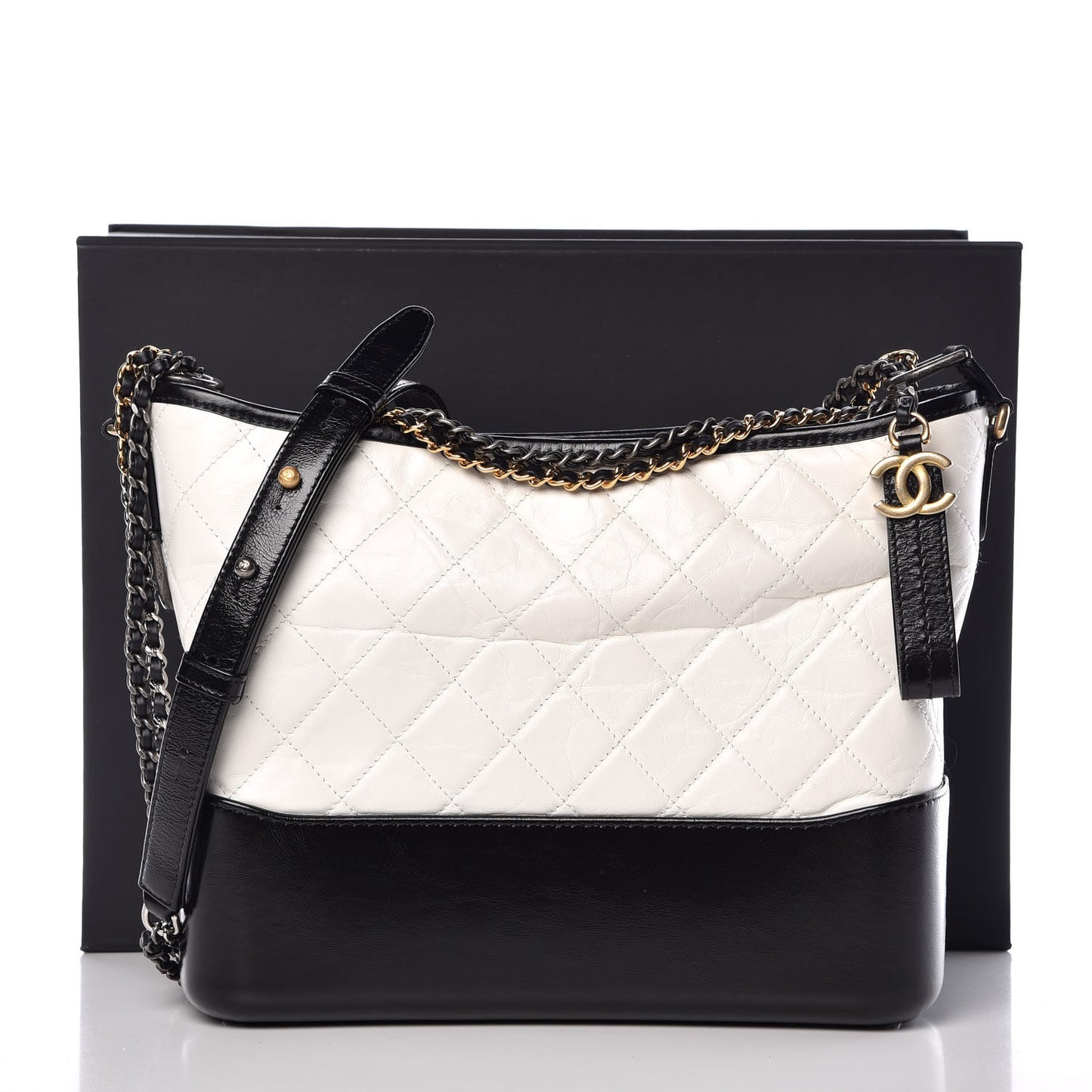 Aged Calfskin Quilted Medium Gabrielle Hobo Black White