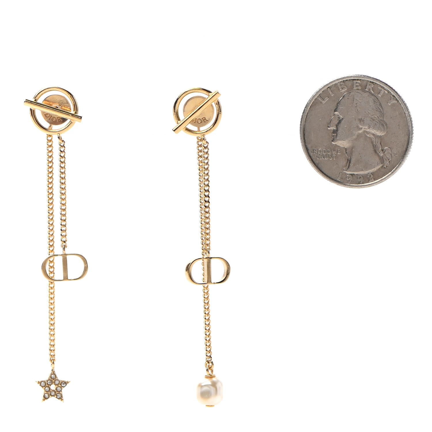 Christian Dior Pearl Crystal Star Chain Earrings Gold 2 of 4