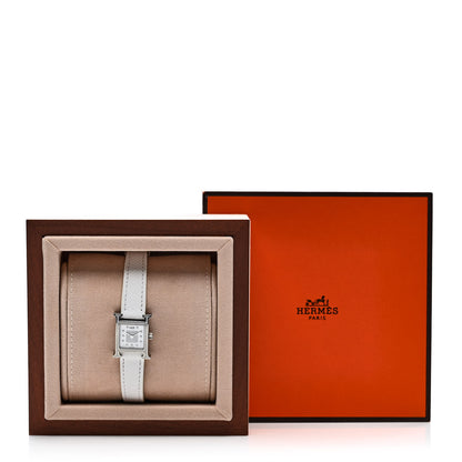 Hermes Stainless Steel Epsom Diamond Bezel Mother of Pearl 17.2mm Heure H Hour Quartz Watch Blanc 5 of 5