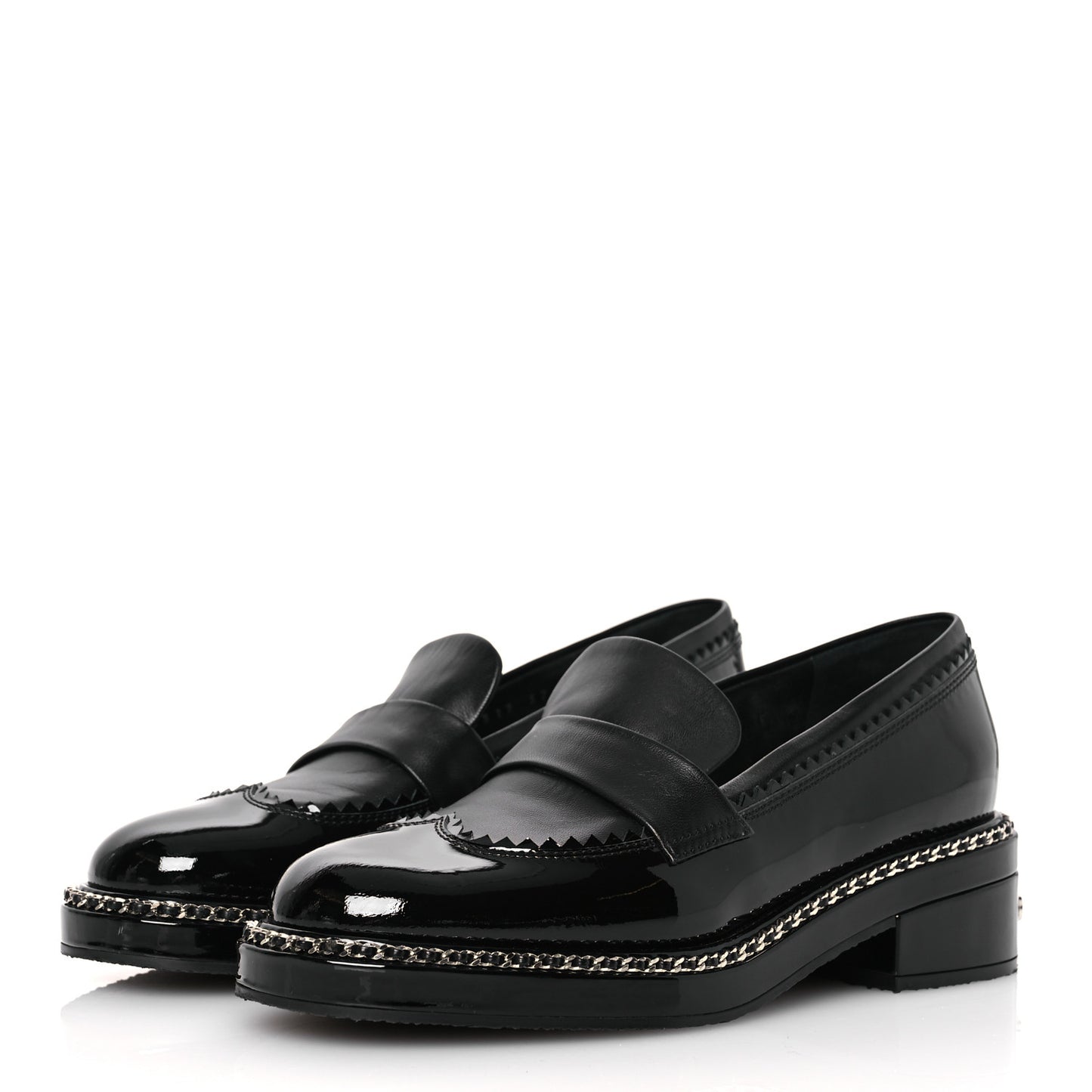 Patent Lambskin CC Chain Mocassin Loafers 37 Black