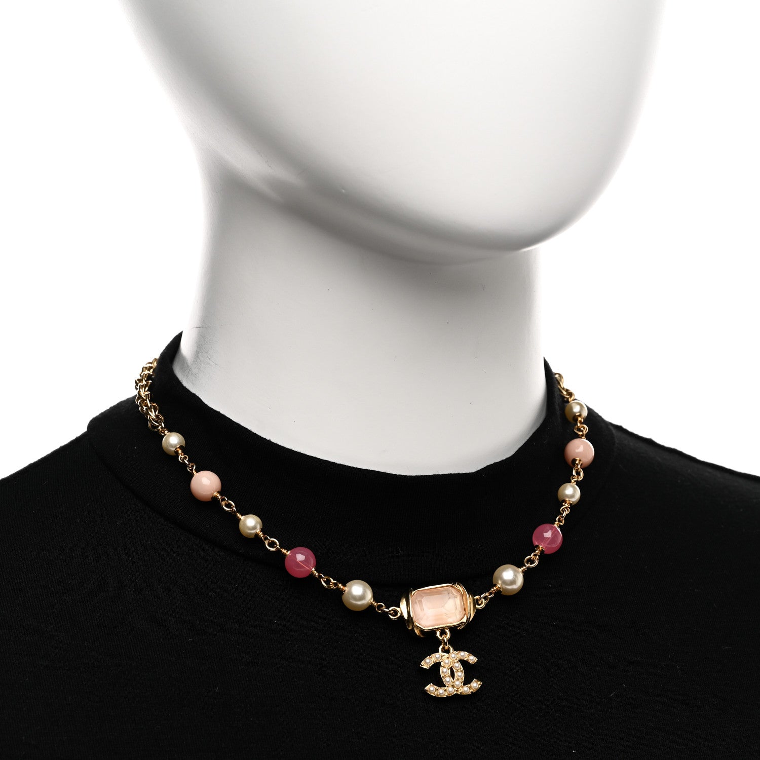Chanel Crystal Pearl Bead CC Choker Gold Pink 2 of 6