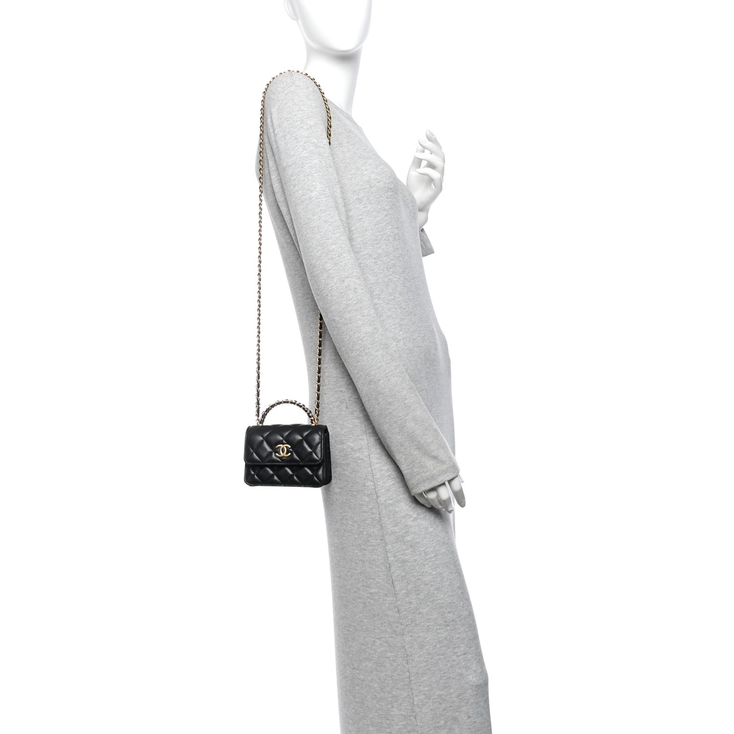 Lambskin Quilted Mini Metal Top Handle Flap Clutch With Chain  Black
