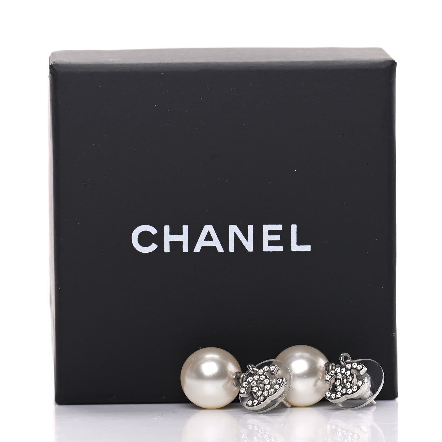 Chanel Crystal Pearl CC Drop Earrings Silver 5 of 5