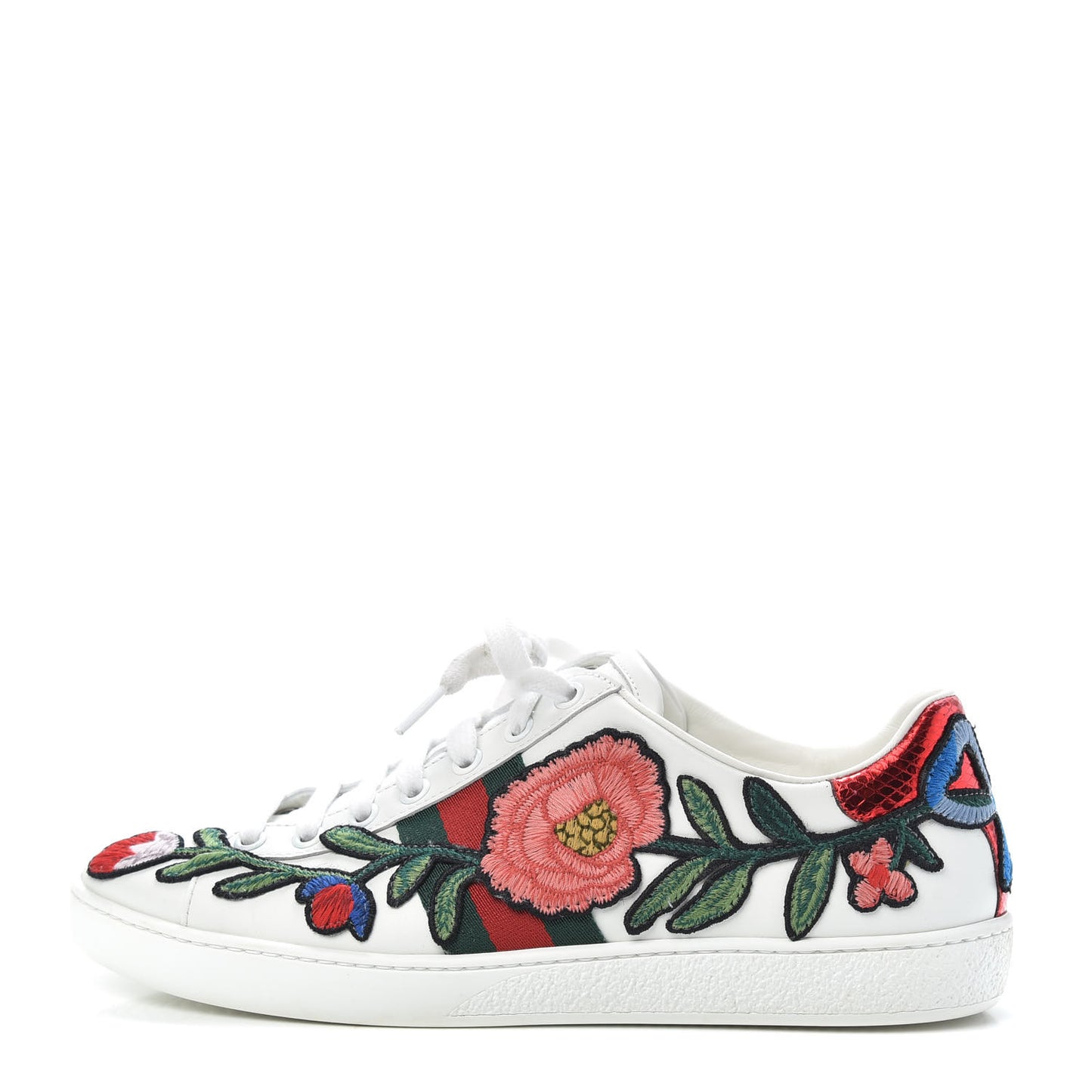 Calfskin Web Floral Embroidered Womens Ace Sneakers 37.5 White